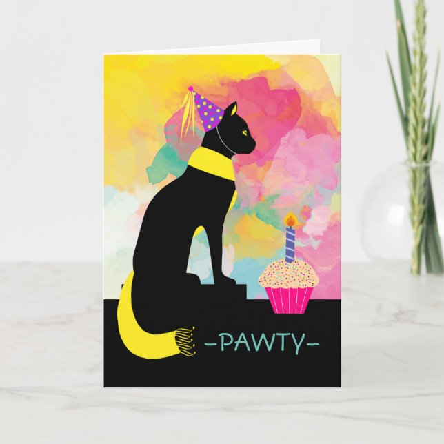 Party PAWTY Einladung mit Schwarzer Katze und Male (Vorderseite)