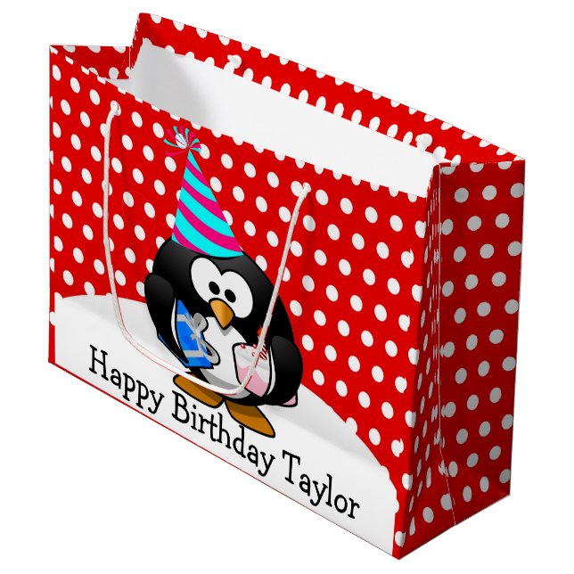 Party Penguin Happy Birthday Red Polka Dot Große Geschenktüte (Vorderseite Schrägansicht)