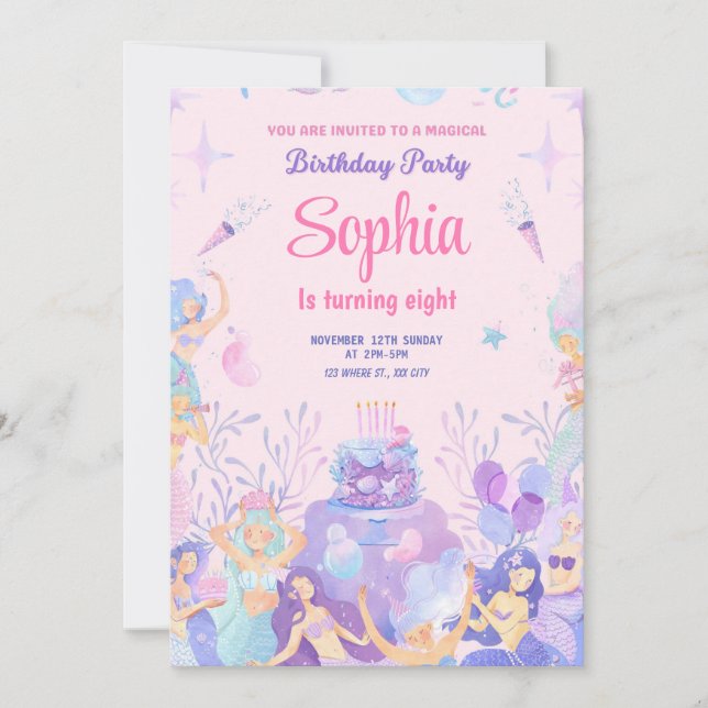 Party Pink Spielerische Meerjungfrau Einladung (Vorderseite)