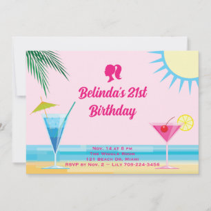 Party Pink Tropical Beach 21. Geburtstag Party Einladung