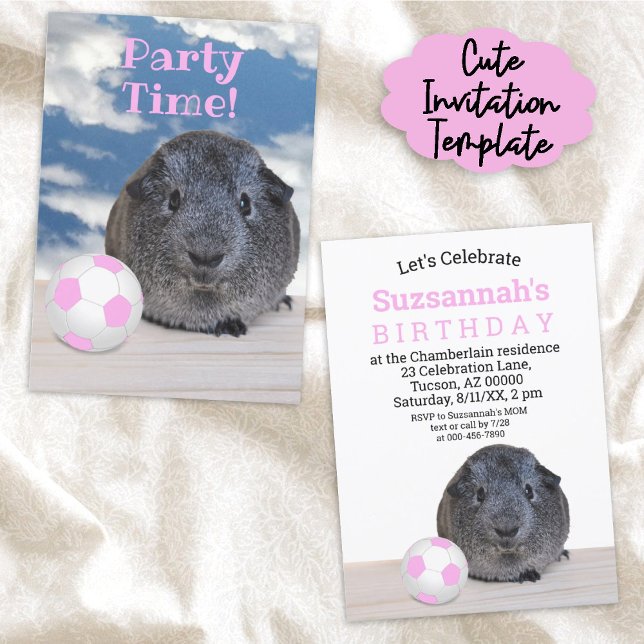 Party Pink White Soccer Ball Guinea Pig Einladung (This easy to personalize cute guinea pig birthday invitation is ready here in print form. )