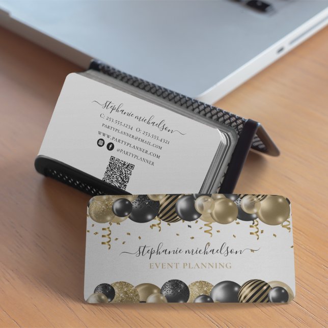 Party Planer Black Gold Ballon QR Code Visitenkarte (Party Planner Black Gold Balloon QR Code Business Card)