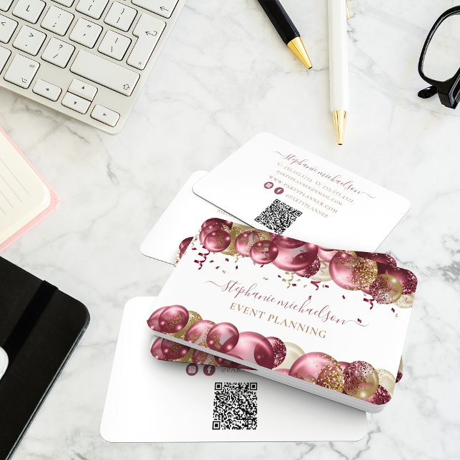Party Planner Burgundy Gold Balloon QR Code Visitenkarte (Party Planner Burgundy Gold Balloon QR Code Business Card)
