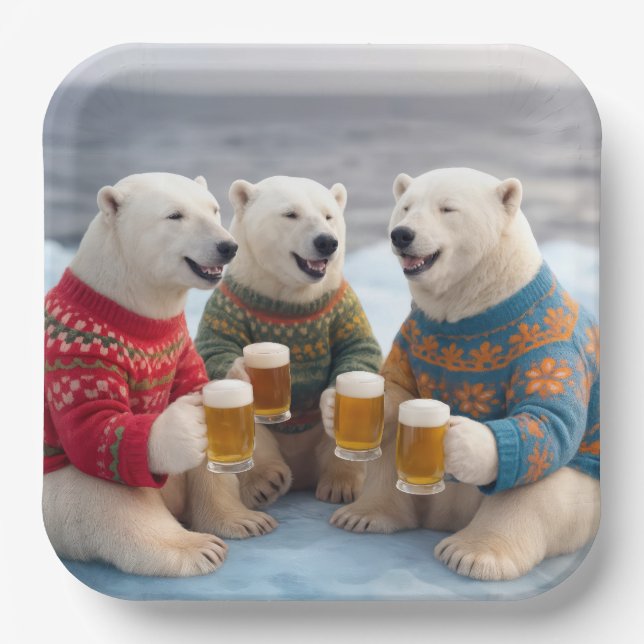 Party-Polarbären mit hässlichen Weihnachtspullover Pappteller (Vorderseite)