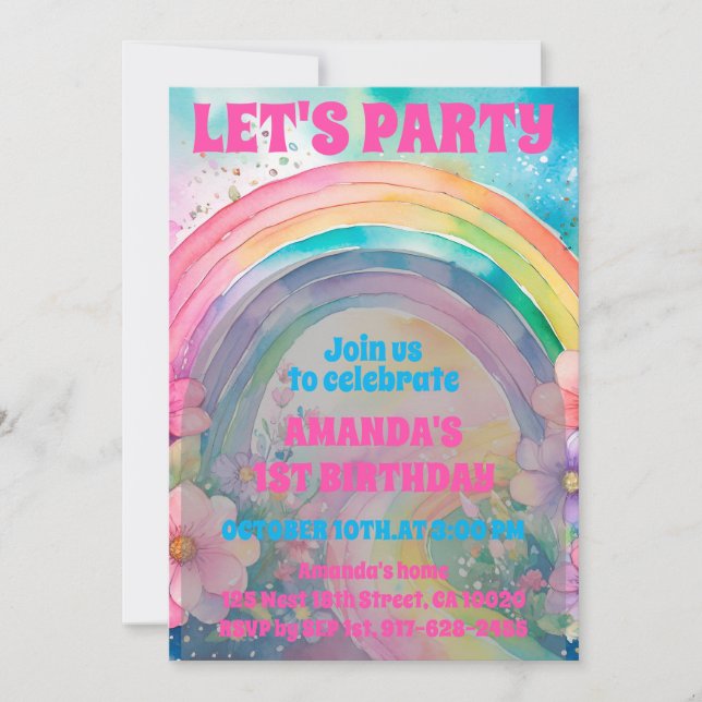Party Retro Pastel Rainbow Blume Geburtstag Einladung (Vorderseite)