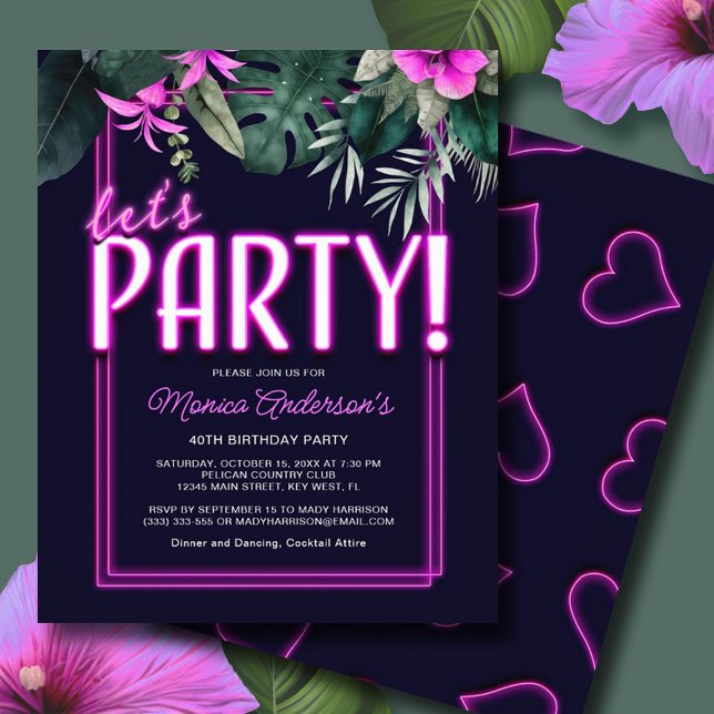 Party Rosa Neon Tropical Birthday Flyer (Budget Let's Party Pink Neon Tropical Birthday Flyer)