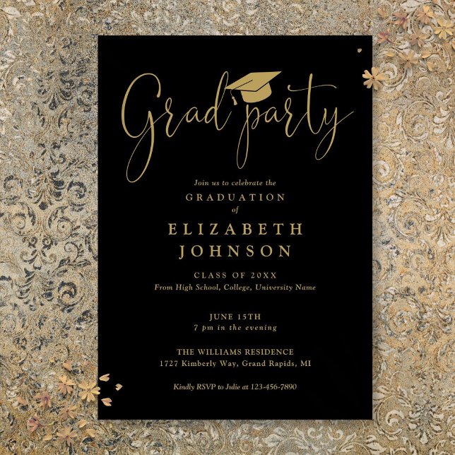 Party-Script-Abschluss für Schwarz und Gold Einladung (Black And Gold Grad Party Script Graduation Invitation)
