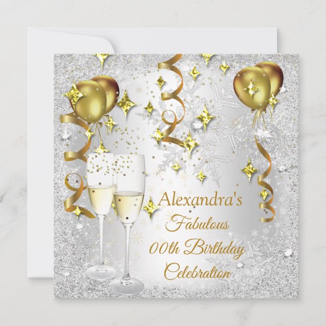 Party silberne Goldballon Champagner-Schneeflocke Einladung (Vorderseite)