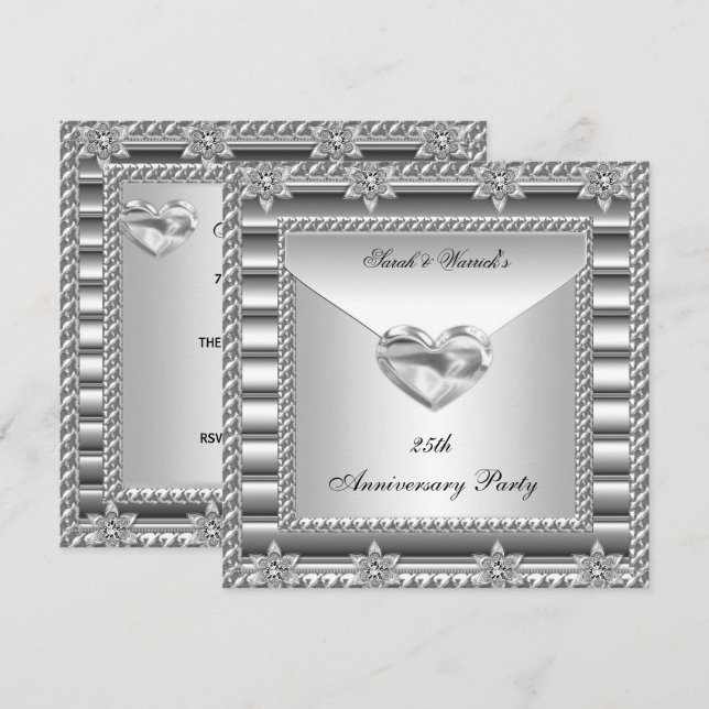 Party Silver White Heart Jewel 3 Einladung (Vorne/Hinten)