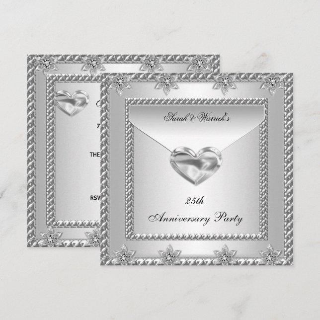 Party Silver White Heart Jewel 4 Einladung (Vorne/Hinten)