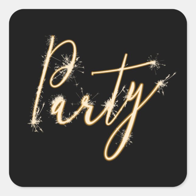 Party-Sparklertext auf Schwarz Quadratischer Aufkleber (Vorderseite)