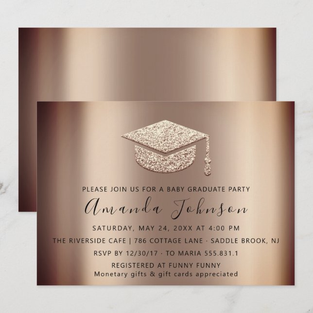 Party Student Rose Gold Graduate Cap Einladung (Vorne/Hinten)