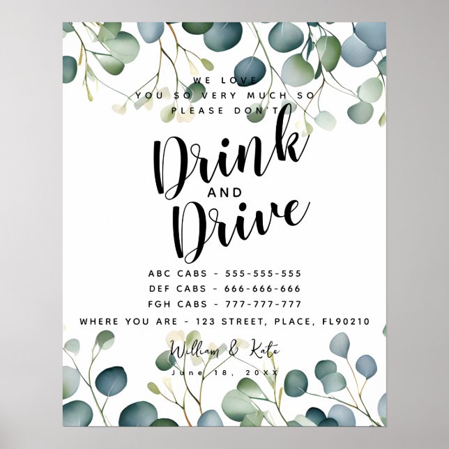Party Taxis trinken und fahren keinen Eukalyptus Poster (Vorne)