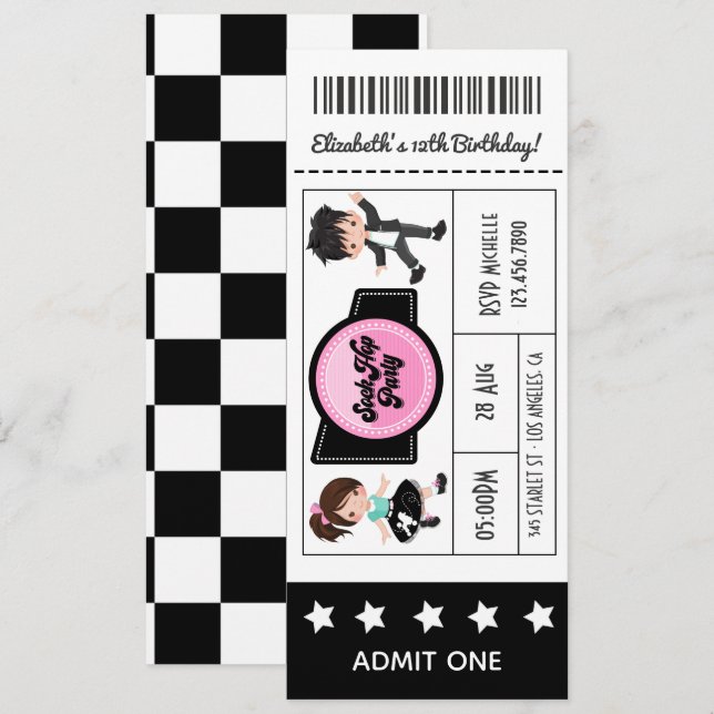 Party-Ticket für Sock-Hop Einladung (Vorne/Hinten)