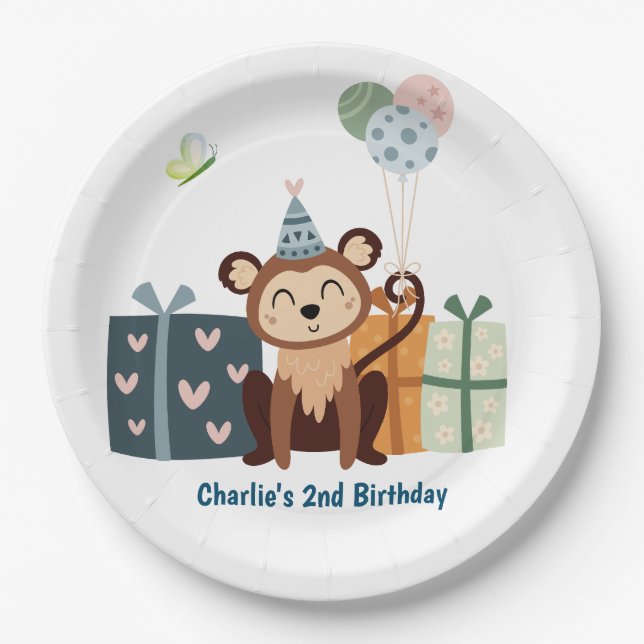 Party Tier, Affe mit Geschenken und Ballon Pappteller (Vorderseite)