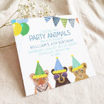 Party Tiere Blue Birthday Einladung<br><div class="desc">Original gezeichnet von Komila Y. Niedlicher Tiger, Bären und Löwen wilde Party Tiere illustrieren Geburtstagseinladung.</div>