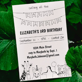Party Tiere Handgezogene Doodle Kid's Geburtstag Einladung
