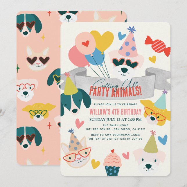 Party Tiere Hunde & Katzen Balloons Geburtstag Einladung (Vorne/Hinten)