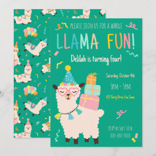Party-Tiere Lama Geburtstagsmädchen Grün Einladung