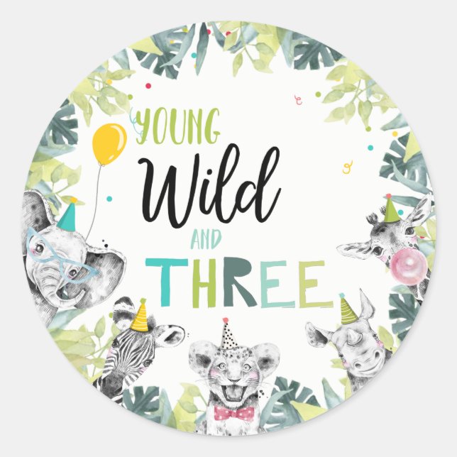 Party Tiere Safari Boy Young Wild Dritter Runder Aufkleber (Vorderseite)