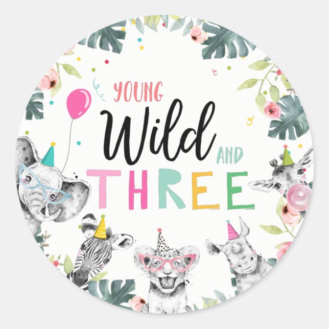 Party Tiere Safari Girl Young Wild Dritter Runder Aufkleber (Vorderseite)