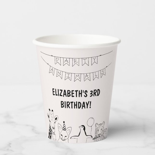 Party Tiere von Hand gezogene Doodle Kind Geburtst Pappbecher (Vorderseite)
