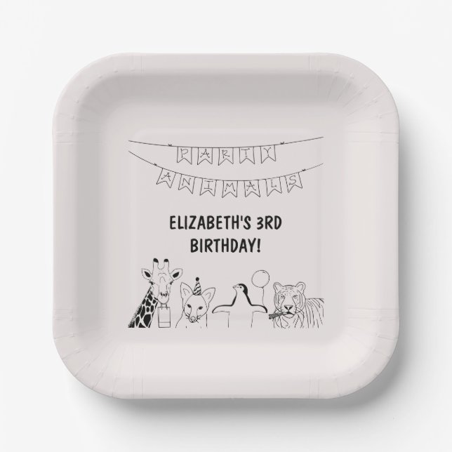 Party Tiere von Hand gezogene Doodle Kind Geburtst Pappteller (Vorderseite)