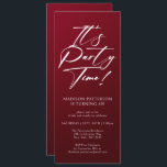 Party Time 40. Geburtstag Party Einfache Eleganz Einladung<br><div class="desc">Es ist Party Time 40th 40th Birthday Party Simple Elegant Invitation Invite bietet ein minimalistisches Design mit dem Text "It's Party Time!" in modernen weißen Kalligraphieskripttypografie und personalisiert unten mit Ihrem eigenen Text. Schriftart und Farbe können mit einem bordeauxroten Hintergrund bearbeitet werden. Entworfen von © Evco Studio www.zazzle.com/store/evcostudio</div>