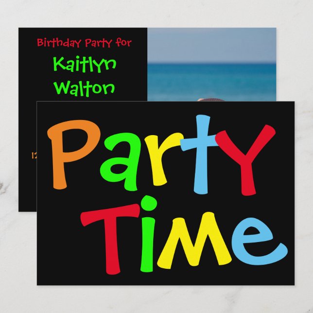 Party Time Birthday Foto Einladung (Vorne/Hinten)