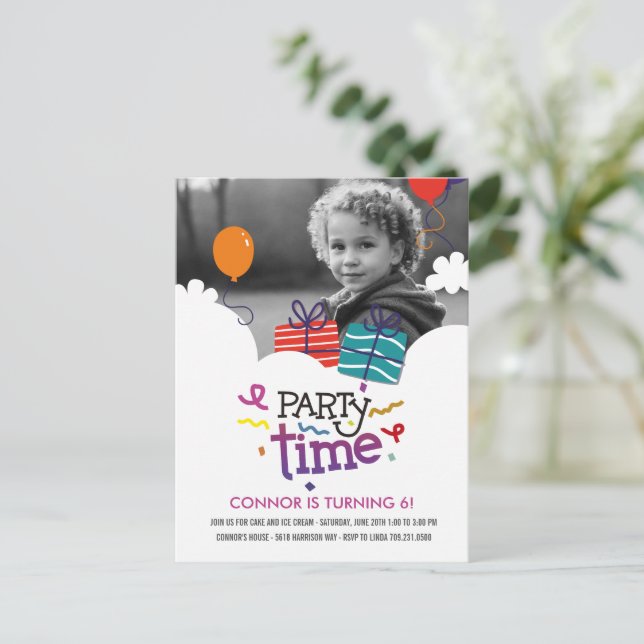 Party Time Foto Geburtstagseinladung Postkarte (Stehend Vorderseite)
