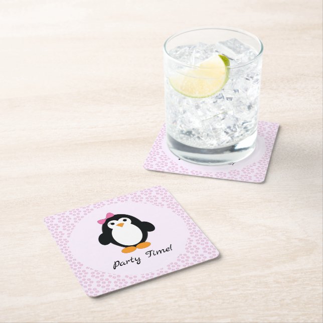 Party Time Girl Pinguin Rechteckiger Pappuntersetzer (Vor Ort)
