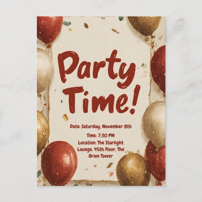 "Party Time" mit Balloons und Confetti Einladungspostkarte (Vorderseite)