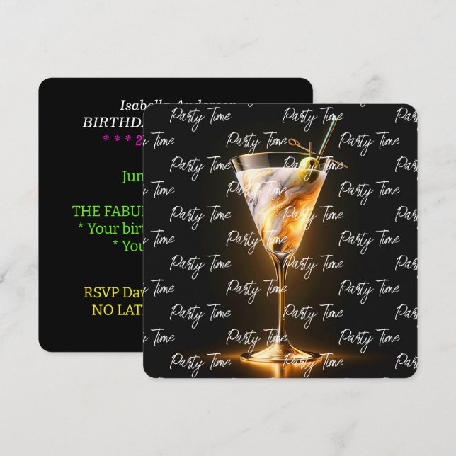 Party Time Neon Trendy Personalisiert Einladung (Vorne/Hinten)