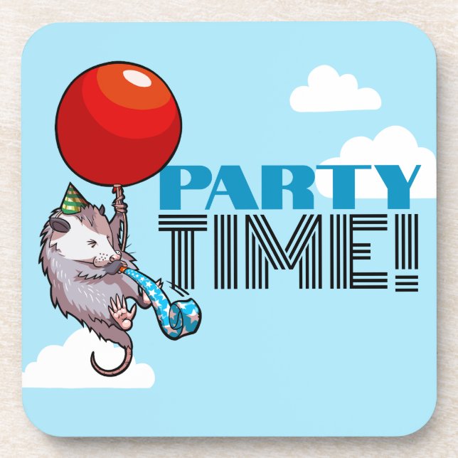 PARTY TIME! Party Possum Funny Floating Opossum Getränkeuntersetzer (Vorderseite)