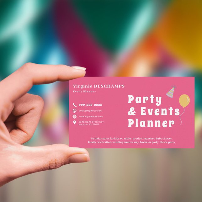 Party- und Veranstaltungsplaner rosa Visitenkarte (Party & Events Planner Pink Business Card)