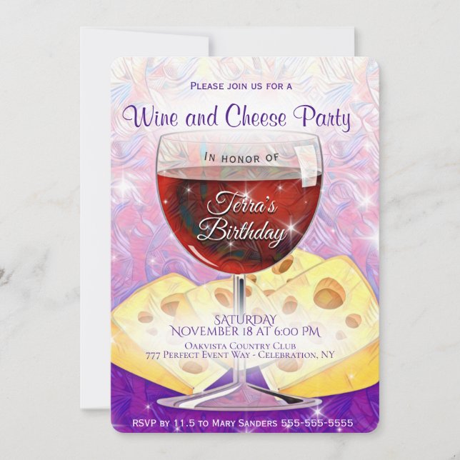 Party Wein und Käse Geburtstag Einladung (Vorderseite)