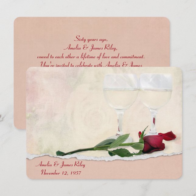 Party Wein und Rose Jubiläum Einladung (Vorne/Hinten)