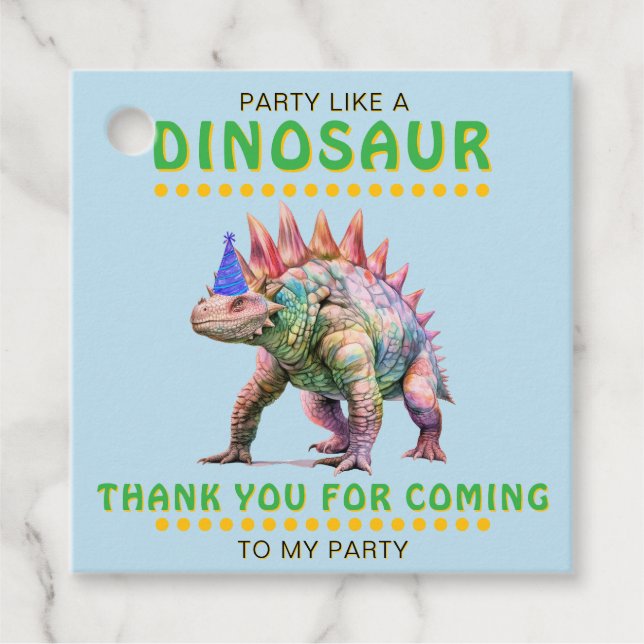 Party wie ein Dinosaurier Danke Personalisiert Geschenkanhänger (Vorderseite)