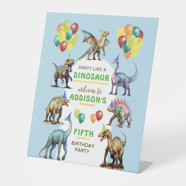 Party wie ein Dinosaurier farbenfrohe Willkommensz Sockelschild (Vorderseite)