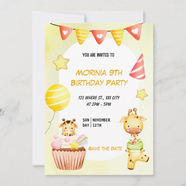 Party Yellow Playful Animal Birthday Einladung (Vorderseite)