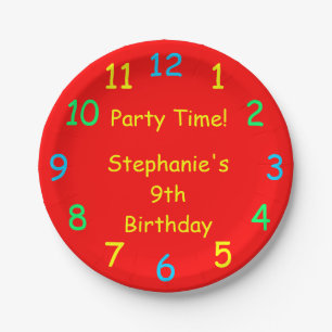 Party Zeit, 9. Geburtstag, Rote Uhr Pappteller