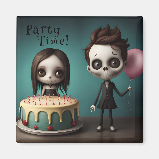 Party Zeit! Skelettfreunde mit Geburtstagskuchen Magnet (Vorne)