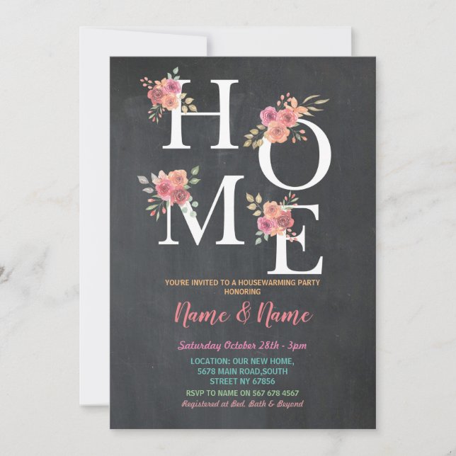 Party ZUHAUSE Floral Pink Chalk Moving Einladung (Vorderseite)