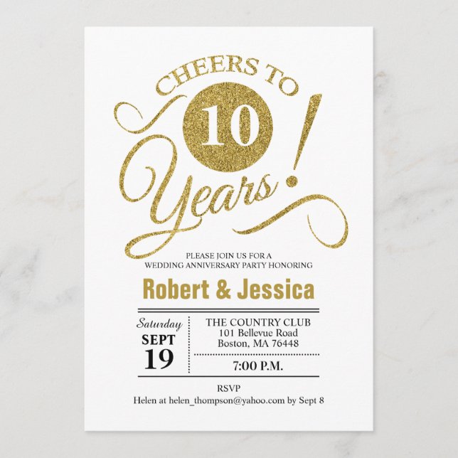 Party zum 10. Hochzeitstag - Gold White Einladung (Vorderseite)