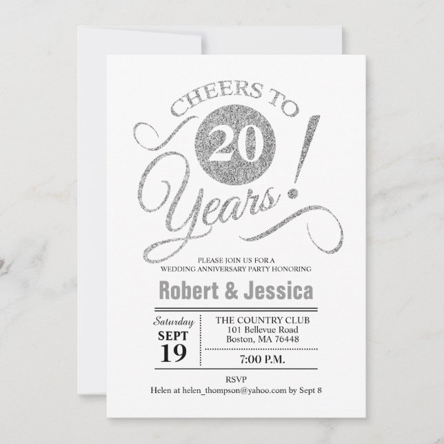 Party zum 20. Geburtstag der Hochzeit - Silberweiß Einladung (Vorderseite)