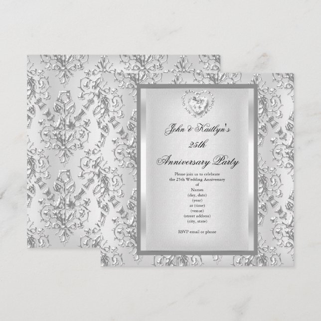 Party zum 25. Jubiläum Damask Silver White 2 Einladung (Vorne/Hinten)
