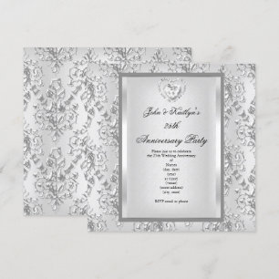 Party zum 25. Jubiläum Damask Silver White 2 Einladung