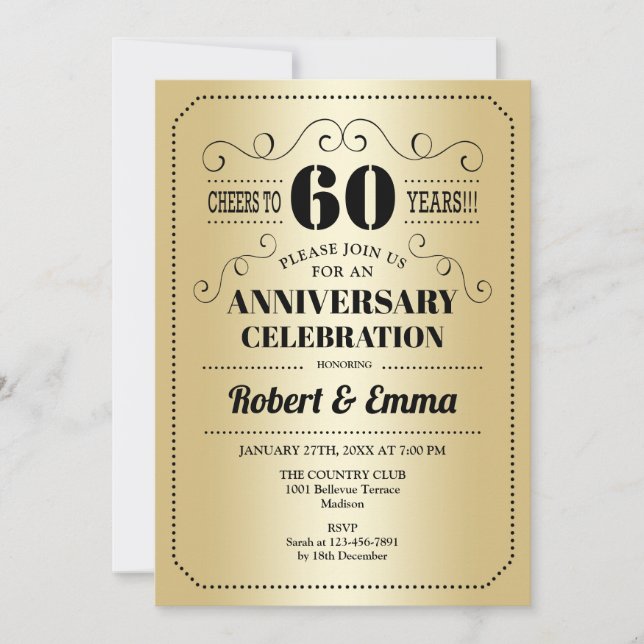 Party zum 60. Hochzeitstag - Gold Black Einladung (Vorderseite)