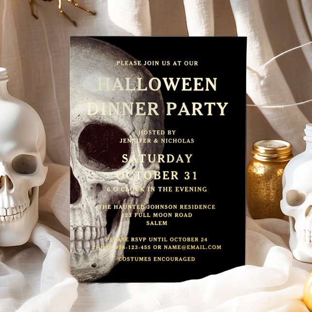 Party zum Abendessen am Goldrevier Folieneinladung (Gold Foil Dead Skull Halloween Dinner Party Foil Invitation)