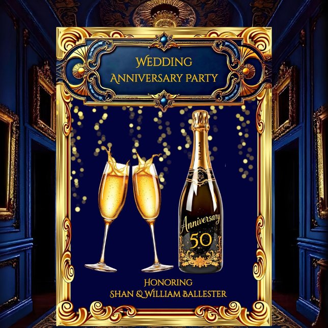 Party zum Hochzeitstag Gold Blue Champagne Einladung (Von Creator hochgeladen)
